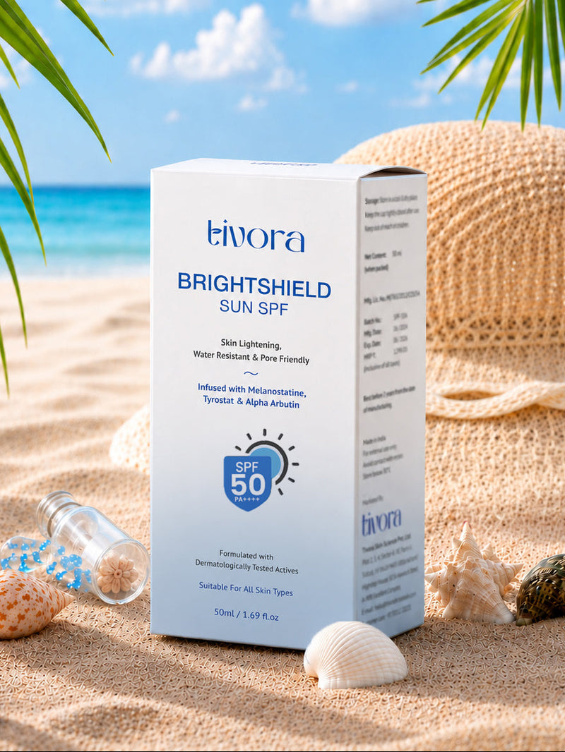 Tivora Brightshield Sun SPF box on a beach with palm leaves and blue sky.